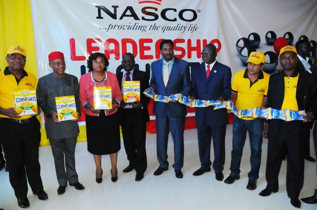 L-R: Group General Manager, NASCO Group, Ambrose Onyejekwe; National President, Manufacturer Association of Nigeria Dr. Franks Jacobs; National President,  Nutrition Society of Nigeria (NSN), Prof. Ngozi Nnam; Representative of Governor of Plateau State, Thomas Chollom; Chairman/CEO NASCO Group Nigeria, Dr. Attia Nasreddin; Vice President-North, NSN Sam Yuwa; Chief Marketing Officer NASCO Marketing Department, Nasir Khan and Senior Admin/HR Manager, NASCO,  Shehu Sule posed with the new NASCO Cornflakes pack re-launch/ unveiling event; held in Jos recently