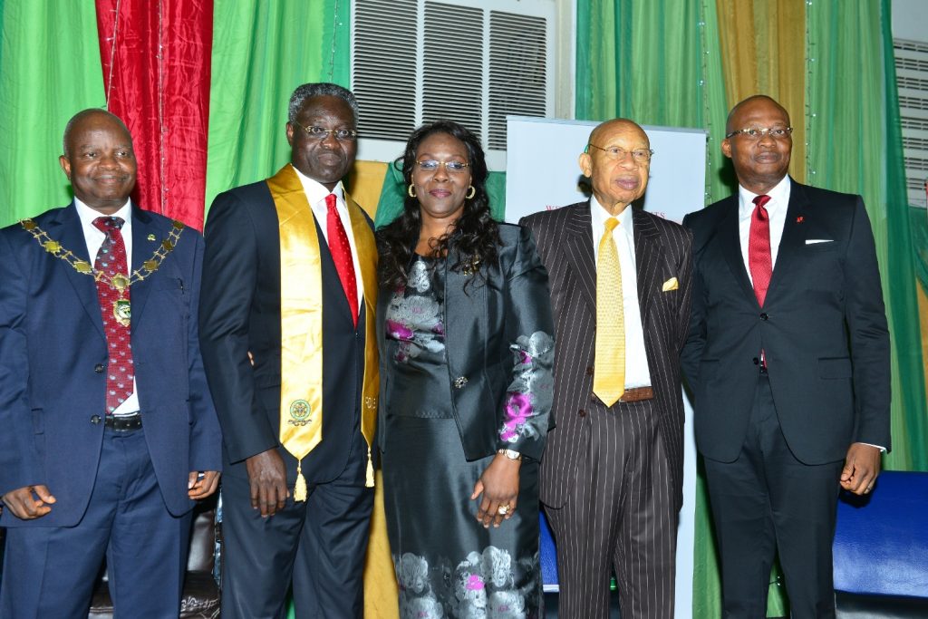 l-r: Professor Segun Ajibola, President, Chartered Institute of Bankers of Nigeria(CIBN); Outgoing GMD/CEO, UBA Plc and Valedictory Lecture Speaker, Mr. Phillips Oduoza; wife, Jumai Oduoza; Chairman of the Occasion and Founder, Diamond Bank Plc, Mr. Pascal Dozie; and Group Managing Director Designate, UBA Plc Mr. Kennedy Uzoka, at the 4th Valedictory Lecture in honour of Phillips Oduoza, organised by CIBN in Lagos on Friday