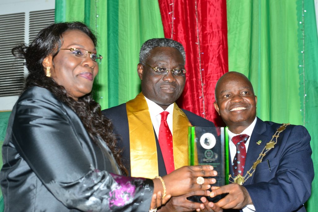 Outgoing GMD/CEO, UBA Plc and Valedictory Lecture Speaker, Mr. Phillips Oduoza (middle), wife Jumai and President, Chartered Institute of Bankers of Nigeria(CIBN), Professor Segun Ajibola(Right) at the 4th Valedictory Lecture in honour of Phillips Oduoza, organised by CIBN in Lagos on Friday