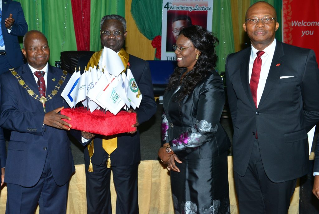 President, Chartered Institute of Bankers of Nigeria(CIBN), Professor Segun Ajibola ; Outgoing GMD/CEO, UBA Plc and Valedictory Lecture Speaker, Mr. Phillips Oduoza, wife Jumai and Group Managing Director Designate, UBA Plc at the 4th Valedictory Lecture in honour of Oduoza, organised by CIBN in Lagos on Friday