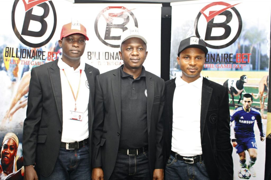 From L-R, Head of ICT & Operation Billionaire Bet Mr Sunday Owoeye, Head of Sales Billionaire Bet Mr Adole Kenneth & Head of Finance Billionaire Bet, Mr Emmanuel Dibie at the unveiling of Billionaire Bet at Grasshoppers House on December 23rd 2016