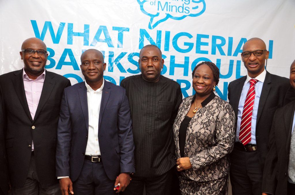 From Left: Mr Lolu Akinwunmi;Managing Director, Prima Garnet Africa, Mr Sam Osunsoko, Managing Director, LEO Burnett Lagos, Mr Ikem Okuhu,Analyst-In-Chief BRANDish, Mrs Bunmi Oke, Chief Operating Officer,141 Worldwide and Mr Femi Awoyemi,CEO Proshare Nigeria Limted. At the BRANDish Meeting of Minds THEME 'What Nigerian Banks Should do Differently' held at White House Hotel Joel Ogunaike Street, GRA Ikeja Lagos. PHOTO: AKEEM SALAU