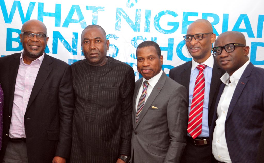 From Left: Mr Lolu Akinwunmi, Managing Director, Prima Garnet Africa, Mr Ikem Okuhu,Analyst-in-Chief BRANDish, Mr Tunde Shofowora, MD/CEO Redribbon, Mr Femi Awoyemi, CEO Proshare Nigeria Limited and Mr Sam Osunsoko,Managing Director,LEO Burnett Nigeria. At the BRANDish Meeting of Minds THEME 'What Nigerian Banks Should do Differently' held at White House Hotel Joel Ogunaike Street,GRA Ikeja Lagos. PHOTO: AKEEM SALAU