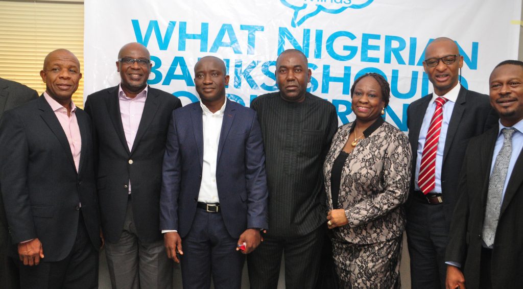 From Left: Mr. Tony Agenmonmen, President, National Institute of Marketing of Nigeria, NIMN, Mr Lolu Akinwunmi, Managing Director,Prima Garnet Africa, Mr Sam Osunsoko, Managing Director, Leo Burnett Lagos, Mr Ikem Okuhu,Analyst-in-Chief BRANDish, Mrs Bunmi Oke, Chief Operating Officer, 141 Worldwide, Mr Femi Awoyemi,CEO Proshare Nigeria Limited and Mr Bolaji Okusaga,Managing Director at Quadrant MSLGROUP.At the BRANDish Meeting of Minds THEME'What Nigerian Banks Should do Differently'held at White House Hotel Joel Ogunaike Street,GRA Ikeja Lagos. PHOTO: AKEEM SALAU