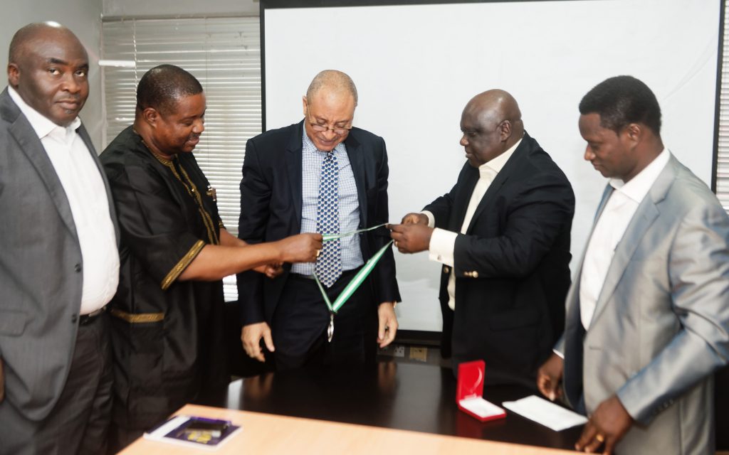 L-R: Mr. Emmanuel Ajufo, Vice President OAAN, Prof Pat Utomi, Patron, Mr. Babatunde Adedoyin, President OAAN and Mr. Tunde Oyekan, Assistant Gen, Secretary OAAN at the Outdoor Advertising Association of Nigeria's conferment of patron on Utomi in his office in Victoria Island, Lagos recently.