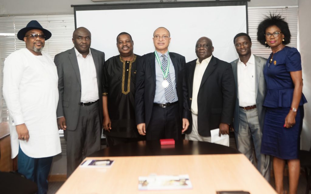L-R: Mr. Femi Ogala, General Secretary, OAAN, Mr. Emmanuel Ajufo, Vice President OAAN, Charles Chijide, Immediate Past President OAAN, Prof Pat Utomi, Patron, Mr., Babatunde Adedoyin, President OAAN, Mr. Tunde Oyekan, Assistant Gen, Secretary OAAN and Mrs., Chiddy Ibiam, General Manager OAAN, at the Outdoor Advertising Association of Nigeria's conferment of patron on Utomi in his office in Victoria Island, Lagos recently.