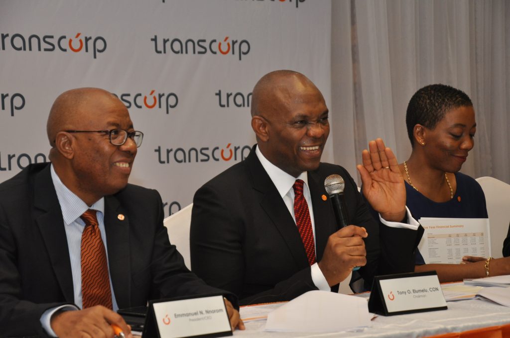L:R: President/CEO Transcorp Plc, Emmanuel Nnorom, Chairman, Transcorp Plc, Tony O. Elumelu and Transcorp Plc. Group Company Secretary, Helen Iwuchukwu at Annual General Meeting of Transnational Corporation of Nigeria.