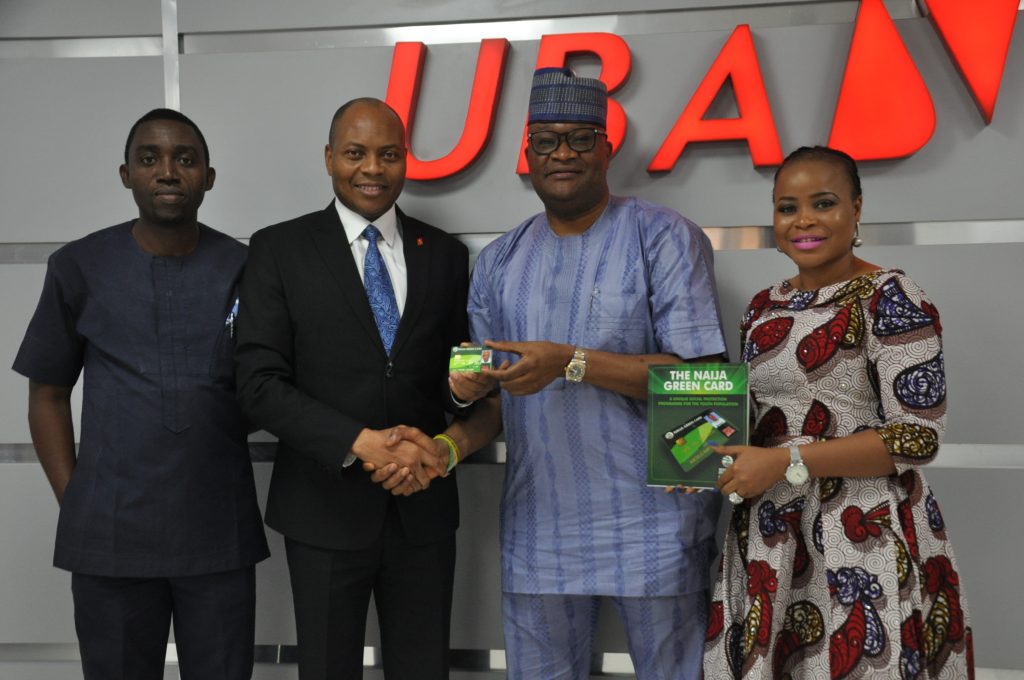 L-R: Brand Manager, Naija Green Card, Rufus Ohiowere;  Head Digital & Consumer Banking, United Bank for Africa (UBA) Group, Mr. Yinka Adedeji; Founder, Naija Green Card, Mr. Abimbola Daramola;  and Abimbola Oloyede, UBA Group,  during the official launch of the Naija Green Card Prepaid Card at  the UBA house, Lagos, on Thursday