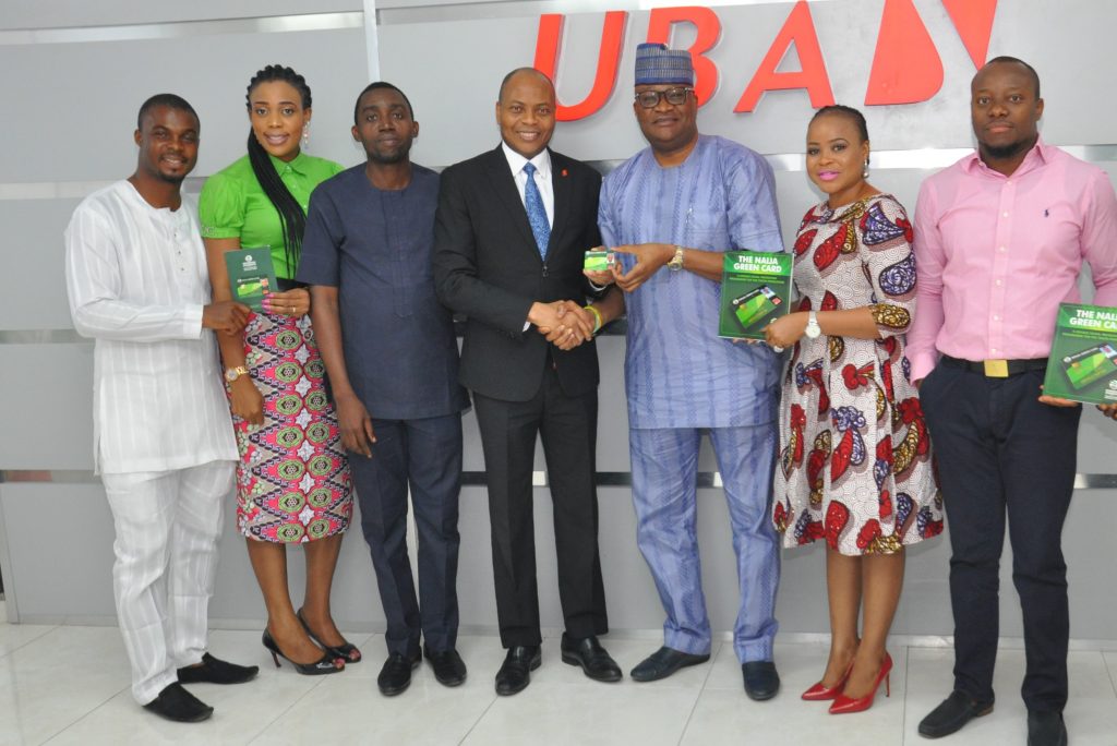 L-R: Relationship Manager, UBA Group, Ugochukwu Obiefuna ; Brand Manager, Aboyade Cole, UBA Group, Ms. Adaeze Nnama,; Brand Manager , Nigerian Green Card, Mr. Rufus Ohiowere; Head, Digital & Consumer Banking, United Bank for Africa (UBA) Group, Dr. Yinka Adedeji; Founder, Naija Green Card, Mr. Abimbola Daramola; UBA Plc; Abimbola Oloyede; and Prepaid Card Manager, UBA Group, Mr. John Ikediashi, at the official launch of the Naija Green Card Prepaid Card at the UBA house on Thursday