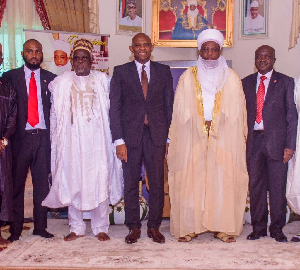 l-r: Usmanu Danfodiyo University, Sokoto (UDUS) Alumni & Tony Elumelu Entrepreneur, Dr, Shadi Sabeh ;Vice Chancellor, Usmanu Danfodiyo University, Sokoto (UDUS), Professor Abdullahi Abdu Zuru; Chairman, UBA Plc and Founder, Tony Elumelu Foundation, Tony O. Elumelu; The Sultan of Sokoto, Sa’ad Abubakar III; and Executive Director, North, UBA Plc. Ibrahim Puri, when Tony Elumelu paid a courtesy visit to the Governor ahead of the National Dialogue Series where Elumelu spoke on “Entrepreneurship: An Antidote to Nigerian Youth Unemployment”, at the Usmanu Danfodiyo University in Sokoto on Recently