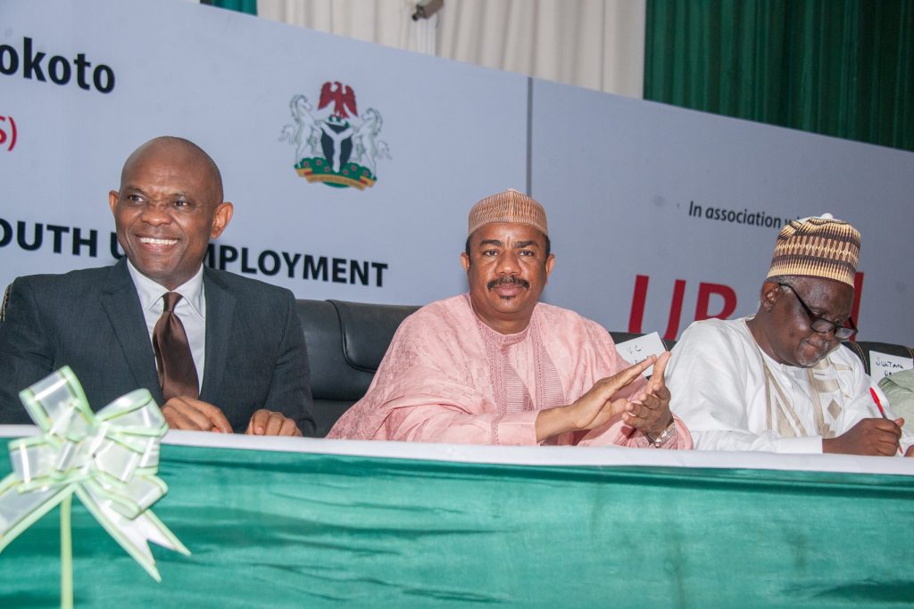 l-r: Guest Speaker and Chairman, United Bank for Africa (UBA) Plc, Heirs Holdings & Founder, Tony Elumelu Foundation, Tony O. Elumelu; Secretary to the State Government, Sokoto State, Professor Bashir Garba; and Vice Chancellor, Usmanu Danfodiyo University, Sokoto, Professor Abdullahi Abdu Zuru during the National Dialogue Series where Elumelu spoke on “Entrepreneurship: An Antidote to Nigerian Youth Unemployment”, at the university in Sokoto on recently