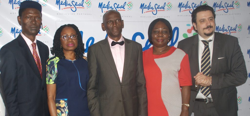 L-R: Mr.  Kupoluyi Ayodeji, Managing Director,  Media Seal; Mrs. Iquo Ukoh,  CEO, Entod Marketing; Mr. Ayo Oluwatosin, Group Managing Director, Rosabel; Mrs. Ijedi Iyoha,  Director, Regulations, APCON and Mr. Franco Maggi, Marketing Director, Nigerian Breweries Plc, at the unveiling of Media Seal identity in Lagos on Tuesday.