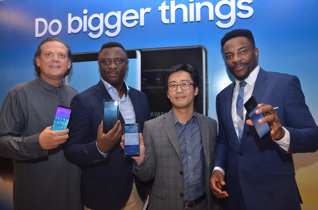 L-R Mr. Emmanouil Revmatas, Director, Information Communication and Technology; Mr. Olumide Ojo, Director, Mobile; Mr. Hungbae Kim, Business Manager, all with Samsung Electronics West Africa; and Mr. Ebuka obi Uchendu, Popular Media Personality/MC at the launch of the newest Samsung Galaxy Note 8 Smartphone , which held at Four Points by Sheraton, VI, Lagos Recently
