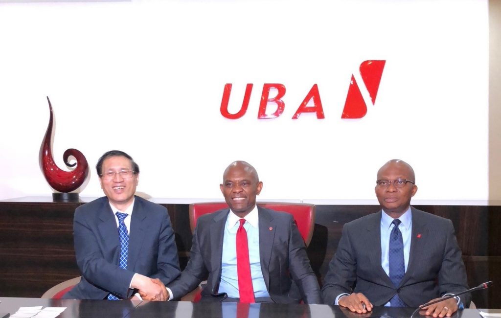 President of China Development Bank(CDB), Mr. Zheng Zhijie; Chairman of UBA Plc, Mr Tony Elumelu; and GMD/CEO, UBA Plc, Mr. Kennedy Uzoka during the signing of $100 million loan facility agreement, facilitated by CDB for UBA Plc to fund SMEs in Africa........ in Lagos on Tuesday